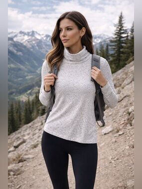 Varley Roya Roll Neck Long Sleeve Tee Speckled Gray Size L NWT